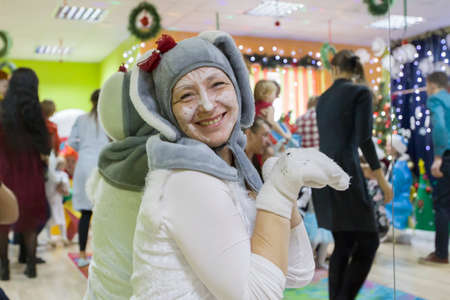 Belarus. the city of Gomil. December 25, 2018. Charitable New Years holiday in the city. A woman in a bunny costume at the Christmas party.のeditorial素材
