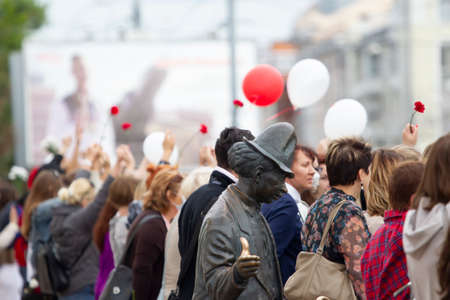 Belarus, Gomel, August 12, 2020. The streets of the city. Peoples protest against Lukashenka. Peaceful rally in Belarus against the dictator. Women at a peaceful protest in Belarus.のeditorial素材