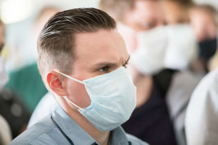 Belarus, the city of Gomil, June 03, 2020. A meeting of people with a presidential candidate. A man in a medical mask.のeditorial素材