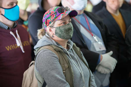 Belarus, the city of Gomil, June 03, 2020. A meeting of people with a presidential candidate. People in medical masks.のeditorial素材