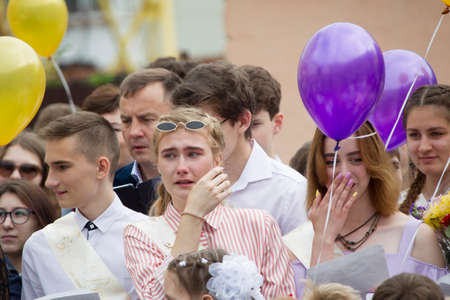 Belarus, the city of Gomel, May 30, 2019. Graduation at school. A group of school graduates are...