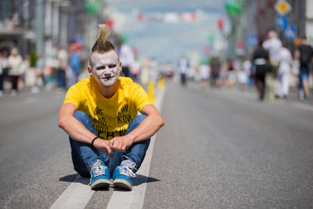 Belarus, the city of Gimel, July 03, 2019. Youth Festival.Punk in bright clothes on a city streetのeditorial素材