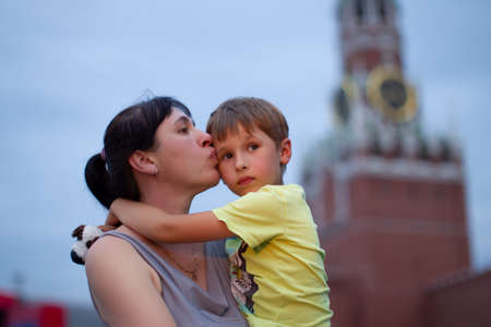 Russian Mom and son on Red Square in Moscow.