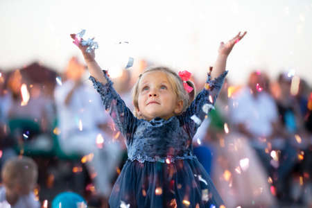 08/29/2020 Belarus, Lyaskovichi. Party in the city.Funny little girl on a holiday.