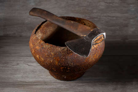 Antique Rustic Pan Cast Iron and Ax