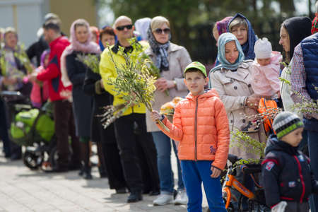 Belarus, Gomel, April 21, 2019. Palm Sunday is a church holiday.Believers with bouquets of spring...
