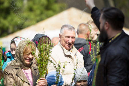Belarus, Gomel, April 21, 2019. Palm Sunday is a church holiday.Believers with bouquets of spring...