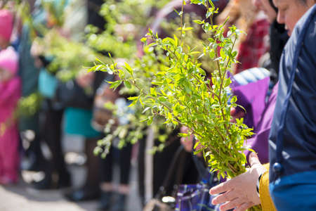 Belarus, Gomel, April 21, 2019. Palm Sunday is a church holiday.Believers with bouquets of spring...