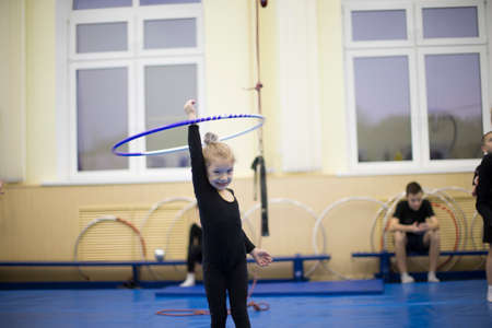 Belarus, Gomel, July 4, 2018. Indicative training circus school.Gymnastic training for children....