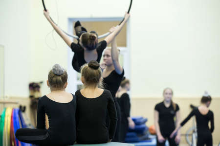 Belarus, Gomel, July 4, 2018. Indicative training circus school.Training sports gymnasts.Childrens...