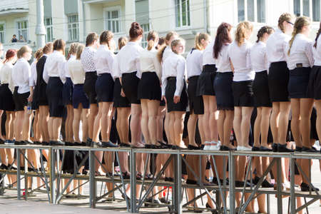 Belarus, the city of Gomel on June 05, 2019. Holiday in the city. A lot of girls in short skirts with bare legsのeditorial素材