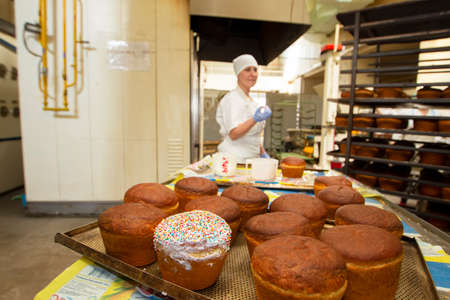 Belarus, the city of Gomil, April 25, 2019. Bakery.Industrial production of Easter cakes. Bread...