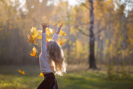 A girl in the autumn park scatters maple leaves. A child on a walk in the fallの写真素材