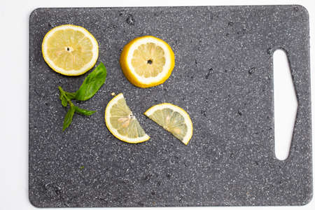 Lemon slices on a gray background with empty placeの写真素材