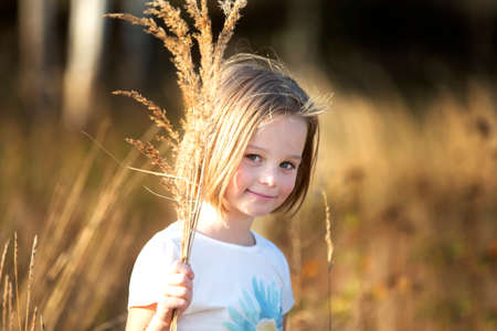 Beautiful little girl in a meadow with a bouquet of herbs.Child in a beautiful summer field.の写真素材