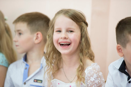 Belarus, the city of Gomil, May 30, 2019. Open day in kindergarten. A group of children from kindergarten at the matinee.のeditorial素材