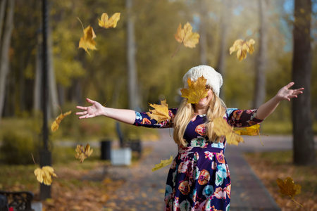 A beautiful girl in an autumn park scatters maple leaves.の写真素材