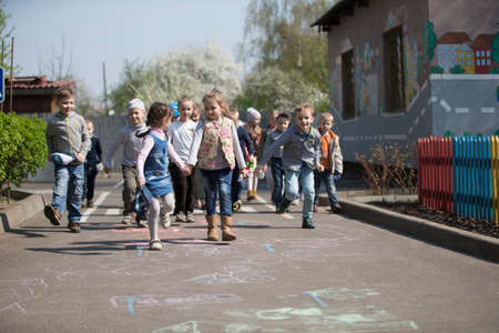 Belarus, the city of Gomil, May 30, 2019. Open day in kindergarten. A group of children from kindergarten on a walk.のeditorial素材