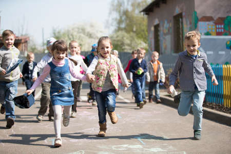 Belarus, the city of Gomil, May 30, 2019. Open day in kindergarten. A group of children from kindergarten on a walk.のeditorial素材
