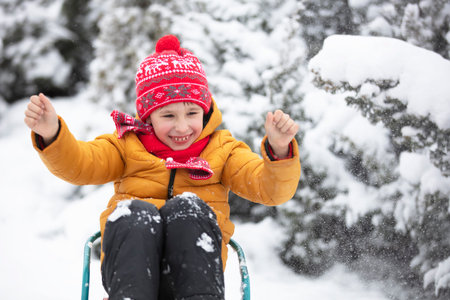 Happy child in winter. A boy in bright clothes sits in a sled in the snow.の写真素材