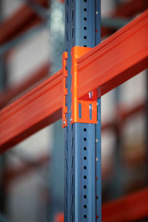 Metal joints of warehouse shelves.