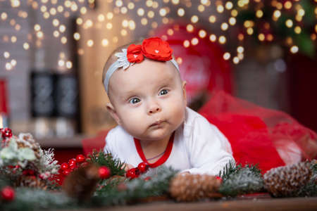 Little baby at Christmas. Three-month-old girl against the background of the Christmas tree decoration.の写真素材