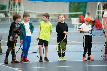 April 01, 2021. Belarus, the city of Gomil. Children's competitions in big tennis. A group of...