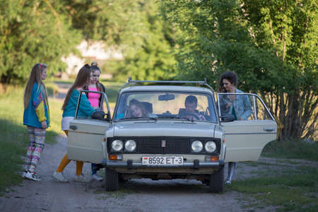 16 07 2020 Belarus. the village of Chkalovo. A group of funny girls in the style of the nineties...