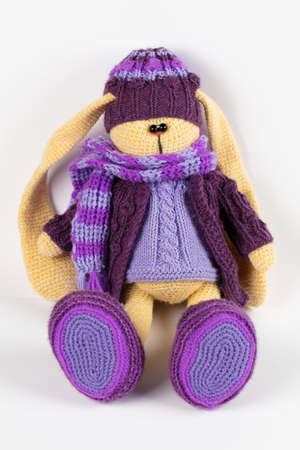 Funny knitted toy hare on a white background.の写真素材