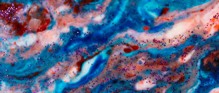 Horizontal banner background acrylic blue with red and pink stains sprinkled with sparkles. Colorful...