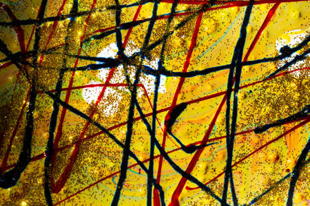 Blue and red stripes sprinkled with sparkles on a yellow acrylic background. Contemporary art. A colorful avant-garde painting with rich texture. A background made up of many shapes and materials.の写真素材