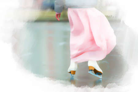 Watercolor drawing of the legs of a girl in a pink dress ice skating. Winter background.の写真素材