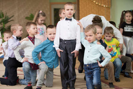 Belarus, the city of Gomil, 26.04.2019 Kindergarten in the city. Preschool girls and boys at the matinee in kindergarten.のeditorial素材