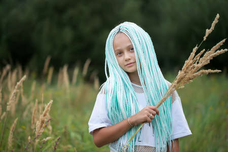 Ethnic little girl with African braids holds a bunch of grass panicles and looks at the camera.