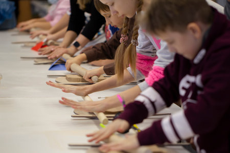 Belarus, the city of Gomel, January 14, 2021. Creative workshop. A group of children at a clay...