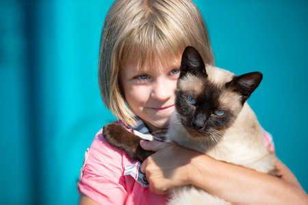 A little girl holds a kitten in her arms and looks at the camera.の写真素材