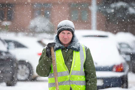 Portrait of a male janitor on a winter day.のeditorial素材