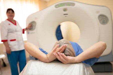 Belarus, Gomil city, Central hospital. May 31, 2021. The doctor makes an ultrasound examination.のeditorial素材
