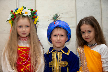 Belarus, city of Gomel, May 21, 2021 Children's holiday in the city. Children of different nationalities look at the camera.のeditorial素材