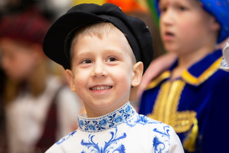 Belarus, city of Gomel, May 21, 2021 Children's holiday in the city. Little boy in Russian national costume and headdress.のeditorial素材