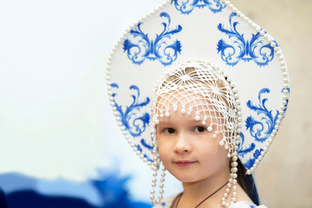 Belarus, city of Gomel, May 21, 2021 Children's holiday in the city. Little girl in Russian national headdress.のeditorial素材