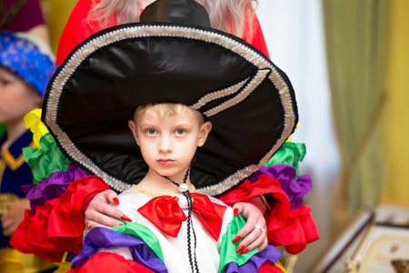 Belarus, the city of Gomil, May 21, 2021. Children's holiday. Little boy in Mexican national costume.のeditorial素材