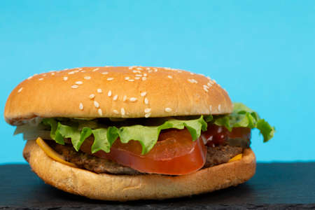 Classic hamburger close-up on a blue background.