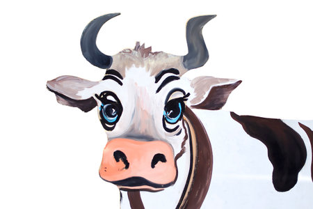 Drawing of a cartoon cow on a white background.の写真素材