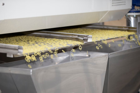 Pasta factory and stages of pasta production. The operation of drying pasta on an industrial...
