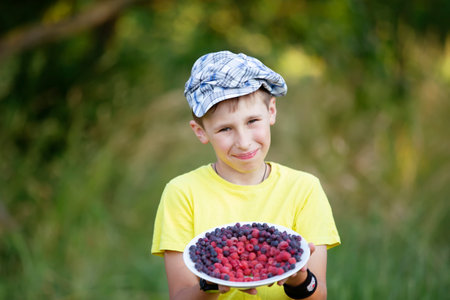 The boy is holding a plate of fruit. The child harvested in the garden.の写真素材