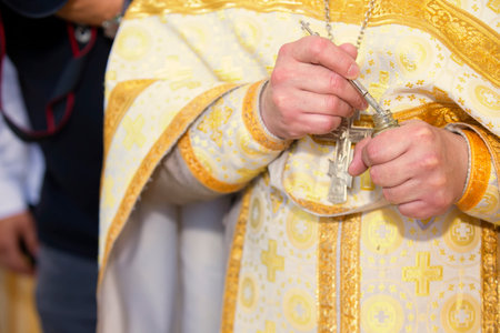 Hands of an Orthodox priest with incense. Faith and religion.の写真素材