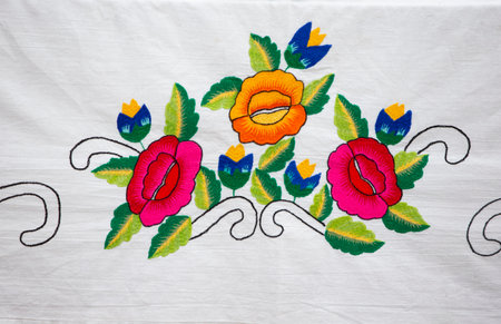 Traditional Slavic vintage vyivka. Ethnic floral Ukrainian or Belarusian pattern on fabric.の写真素材