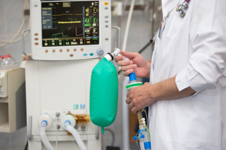 Oxygen mask as part of a ventilator in the operating room, close-up.の写真素材