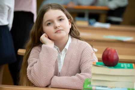 Girl schoolgirl at the desk. Girl in the classroom with books and an apple. Secondary school. Back to school.の写真素材